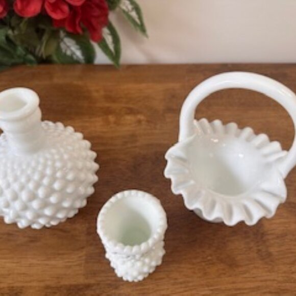 Hobnail Milk Glass Basket Jar and Vase Set Vintage Mid Century White Glass Home‎ - Picture 3 of 6